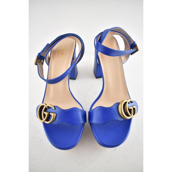 Gucci Marmont Blue Leather Gold G Logo Block Heel Ankle Strap Platform Sandal 36 - Picture 8 of 12